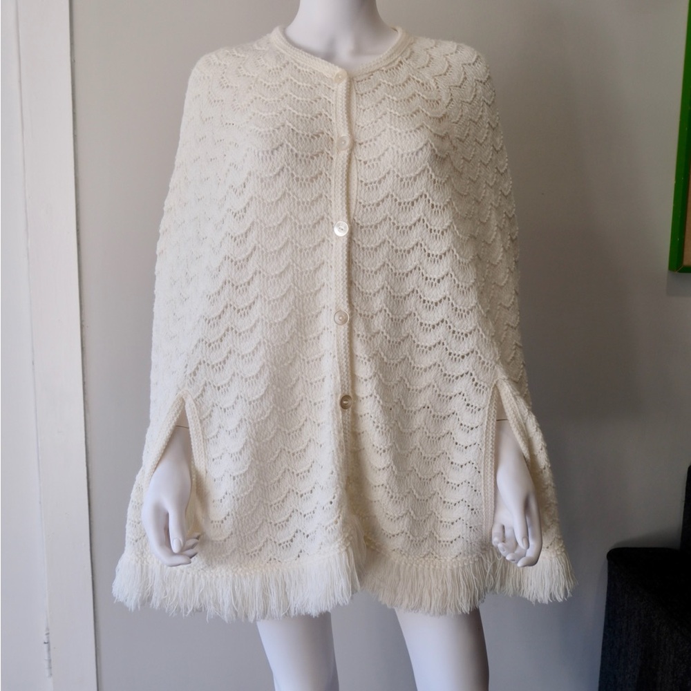 1970s Sears, Roebuck & Co. White Knit Poncho Cream Knit Sweater